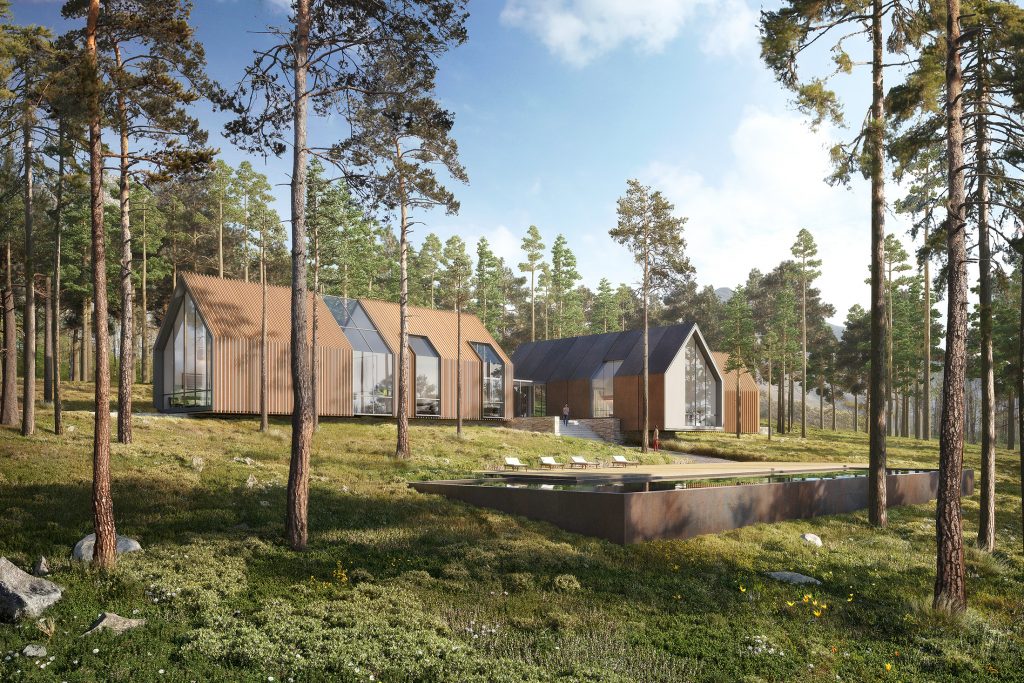 Rendu 3D d'une villa de prestige au Cap en Afrique du Sud, conçue par 2802 Architects, montrant la piscine aux bordures corten et la maison aux trois volumes monolithiques en bardage bois, inscrite au cœur du paysage boisé de la chic banlieue Constantia.