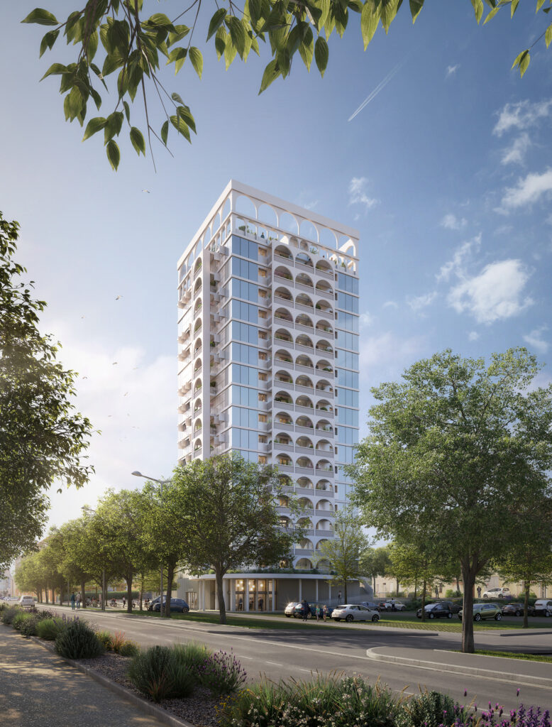 Insertion 3D pour un projet de réhabilitation d'une tour à Port-de-Bouc, dans la cité de La Lèque par Baldassari-Sibourg Architectes, montrant le bâtiment de logements au bardage métallique blanc et bleu et ses loggias aux arches méditerranéennes en béton blanc depuis le boulevard.