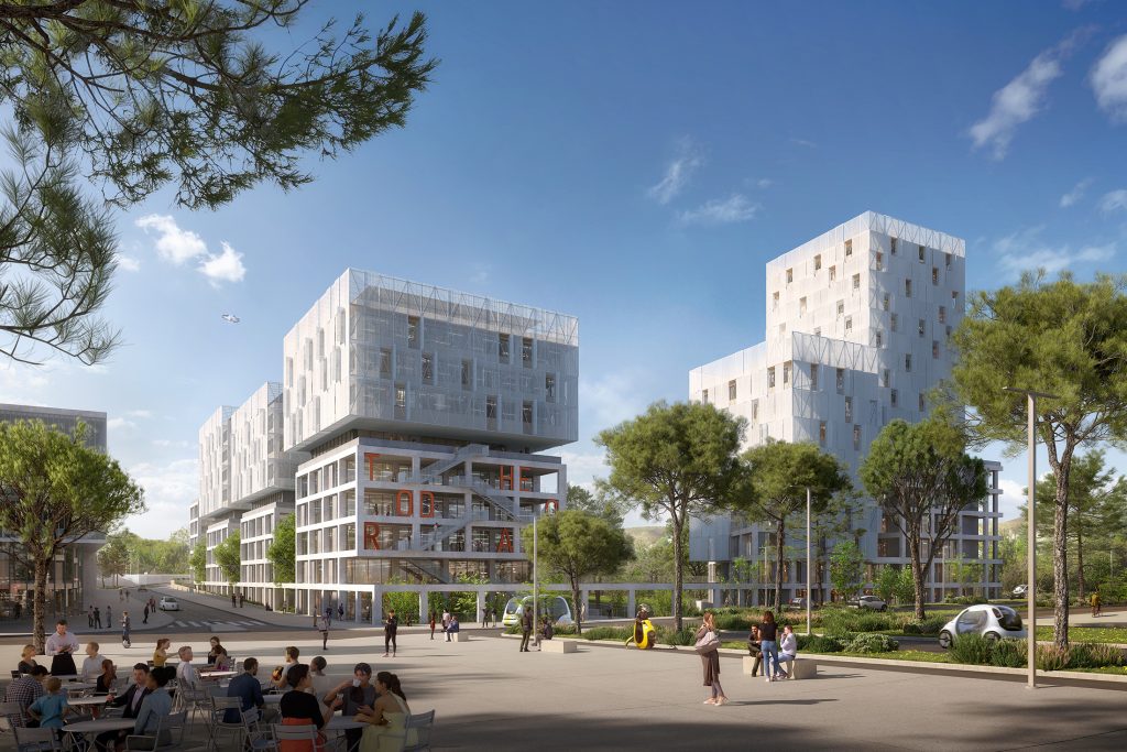 Visualisation 3D du projet Théodora à Marseille, conçu par Carta-Reichen et Robert Associés, illustrant les bâtiments du campus numérique sur le boulevard Capitaine Gèze à l'architecture industrielle, avec leur trame béton régulière et leur seconde peau de résille blanche.