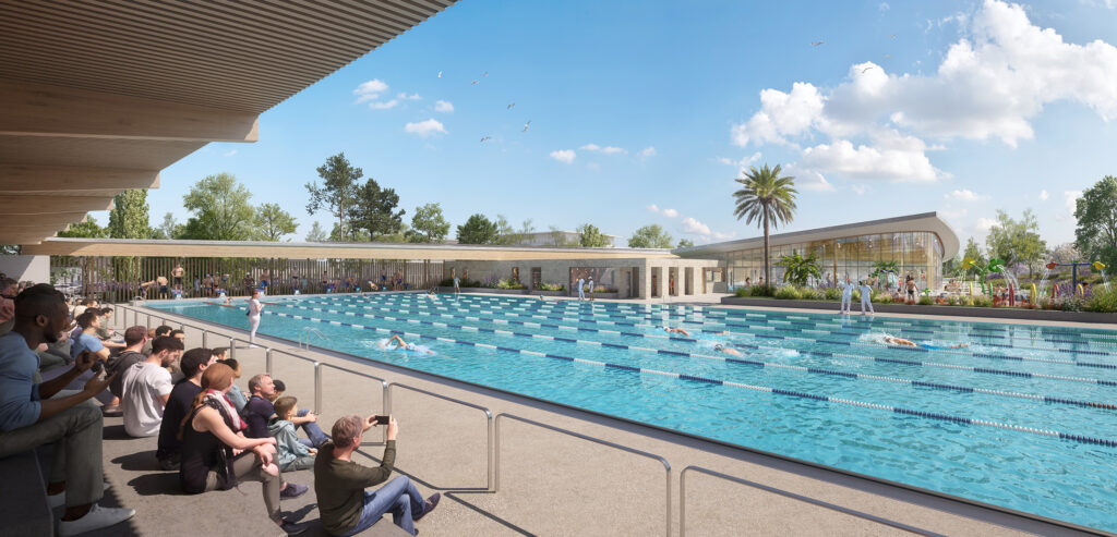 Perspective de concours de la piscine de Dinan, projet conçu par Coste Architectures, montrant le bassin nordique de 50 mètres en mode compétition de natation vu depuis les gradins, au premier plan du complexe qui associe la pierre et le bois.