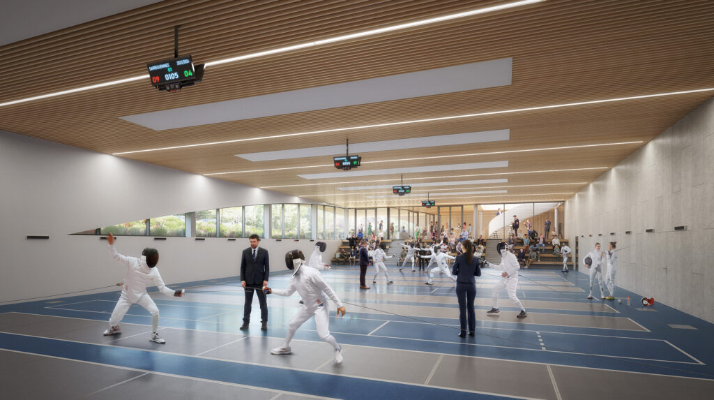Rendu intérieur du Complexe sportif Bliespark à Sarreguemines, projet conçu par Atelier Ferret Architectures, montrant la salle d'escrime en mode compétition avec ses gradins, son plafond en bois et ses parois vitrées ouvertes sur le hall et le parc.