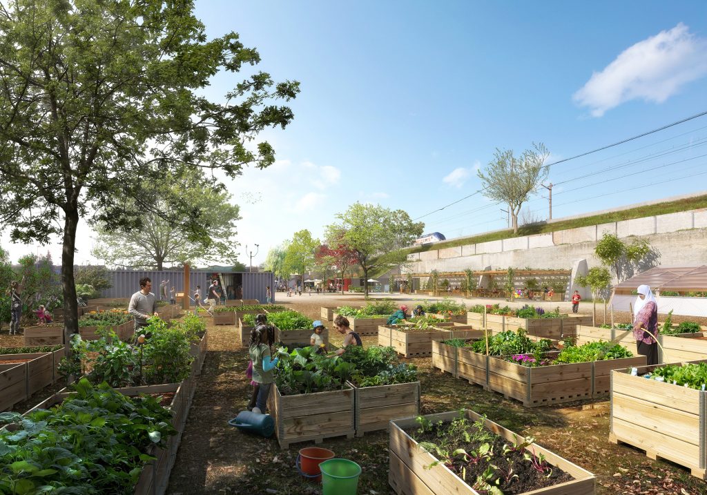 Perspective 3D du projet Le Talus à Marseille (12e), imaginé par Heko Farm en partenariat avec la Société de la Rocade L2, montrant la seconde partie du site avec ses jardins en bacs, ses installations issues du réemploi et ses espaces de rencontre.