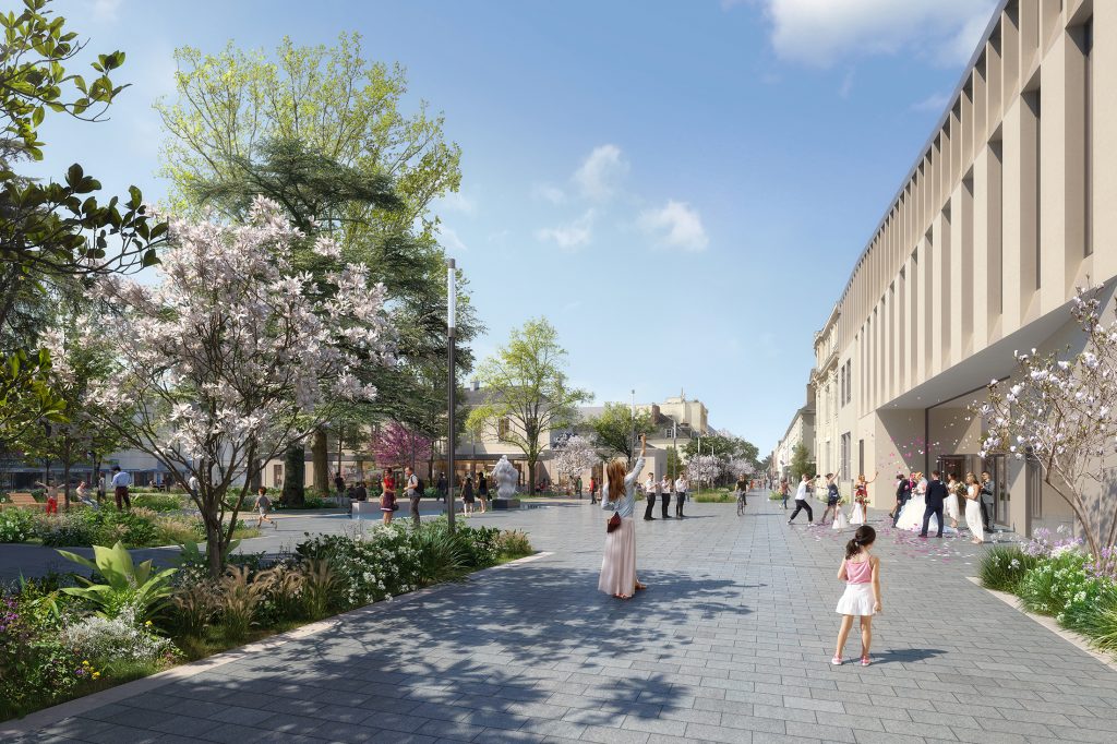 Perspective 3D des espaces publics de La Roche-sur-Yon, projet conçu par Péna Paysages, montrant une scène de mariage devant l'Hôtel de ville de Richez Associés et son parvis minéral aménagé de nombreux espaces plantés.