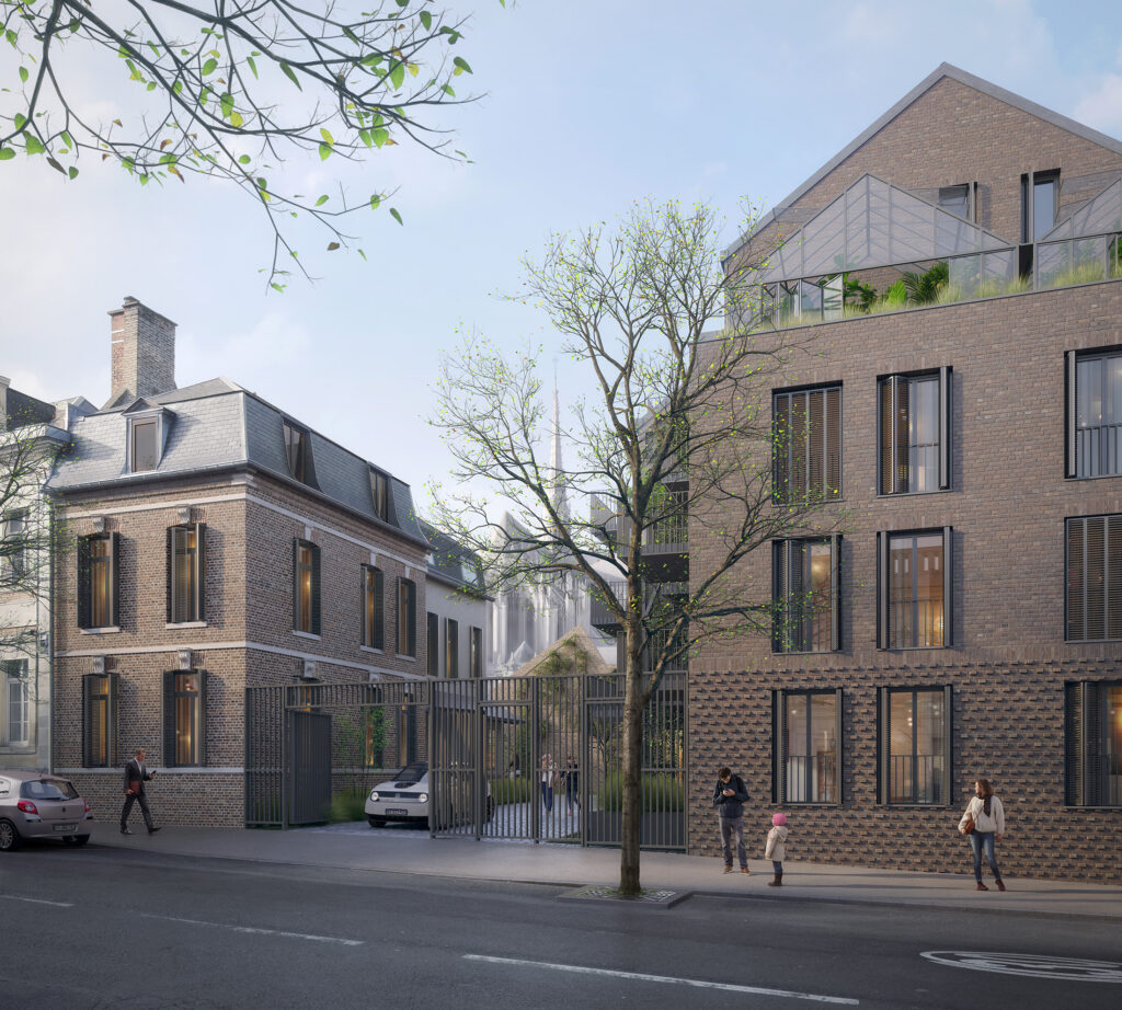 Insertion 3D du projet de logements Les Augustins, pour un permis de construire déposé par Richard Architecture, montrant l'entrée de la résidence contemporaine revisitant la brique traditionnelle avec la cathédrale Notre-Dame d'Amiens en fond de perspective.