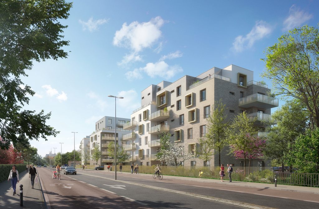 Insertion 3D pour le permis de construire du projet résidentiel Émergence à Amiens, conçu par Richard Architecture et développé par Bouygues Immobilier, illustrant la succession de bâtiments en brique et enduit blanc aux attiques en zinc et cadres métalliques bronze depuis l'avenue Pierre Mendès France.