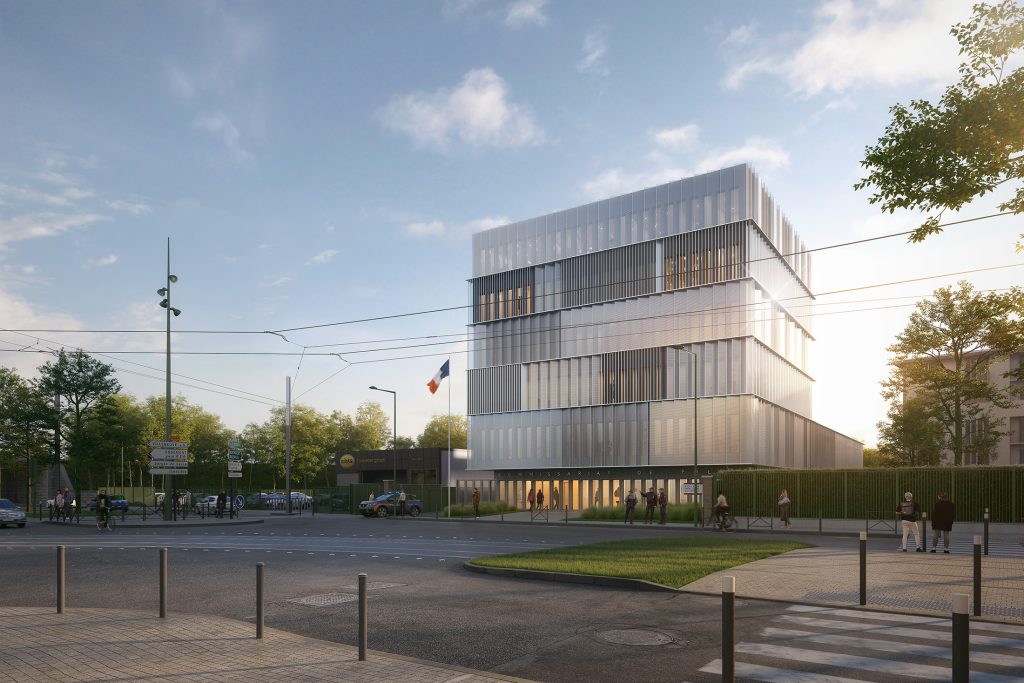 Insertion 3D du Commissariat de police d’Épinay-sur-Seine, projet lauréat conçu par NTSA, montrant le volume compact et cubique du bâtiment, rythmé par une trame de lames verticales en métal microperforé aux orientations variables, créant un jeu de vibrations et de transparences depuis la route.
