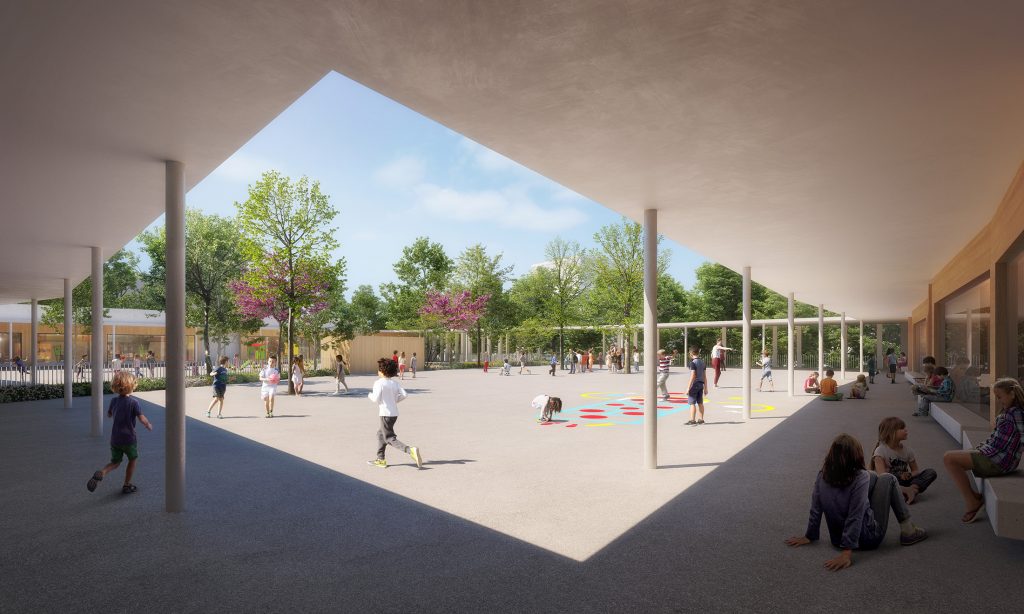 Perspective du concours pour le groupe scolaire de Vallon-Régny à Marseille, conçu par Unic Architecture, illustrant la cour élémentaire arborée et protégée d'un large auvent continu en béton clair devant les salles de classe.