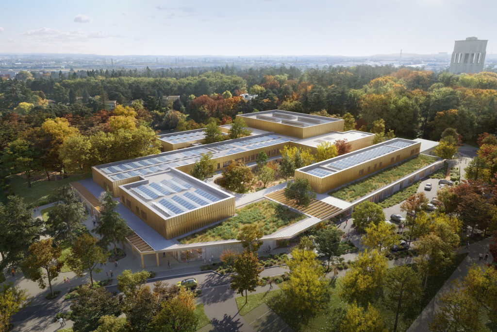 Insertion aérienne 3D du Groupe scolaire Parc de Parilly à Bron pour Chabanne Archi Ingé, lauréat du concours, montrant les bâtiments enveloppés de bardage métallique bronze reliés par des auvents en bois couverts de zinc.