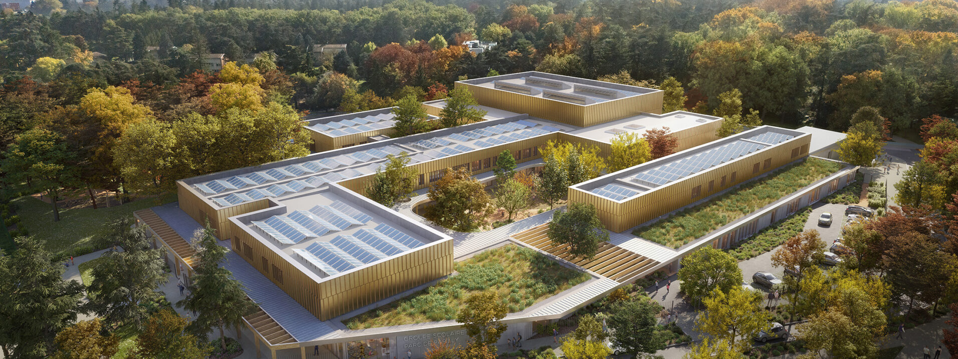 Image perspective aérienne du Groupe scolaire Parc de Parilly à Bron pour un concours d’architecture (Chabanne Architectes).