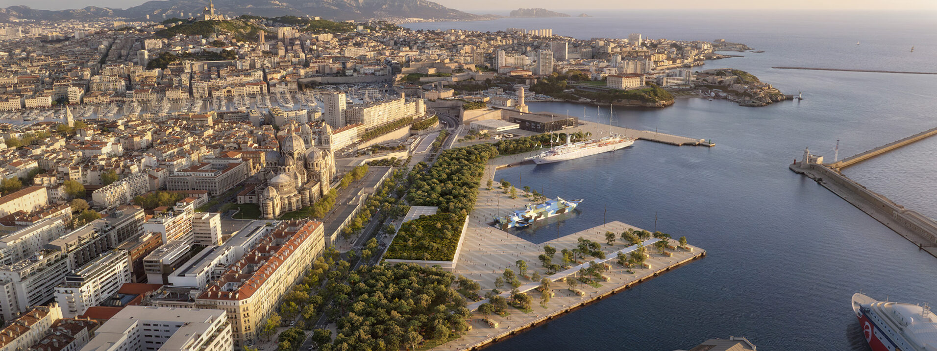 Vue aérienne du projet de paysage et d'urbanisme Laudato si', conçu par l'agence d'architecture Carta Reichen et Robert Associés. Ce projet présente le futur Marseille et son bord de mer entre le J1 et le Mucem.