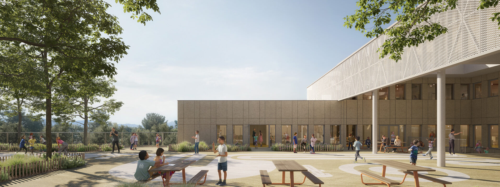 Image perspective de la cour d'école élémentaire du Groupe scolaire Saint-André à Marseille pour un concours d’architecture (NTSA Architectes).