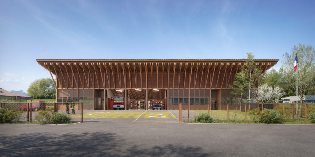 Visualisation 3D pour le concours d'architecture du centre de secours de Talloires, conçu par NTSA Architectes, montrant le bâtiment en structure bois et ses portes sectionnelles en métal couleur corten depuis l'entrée et sa cour de service.