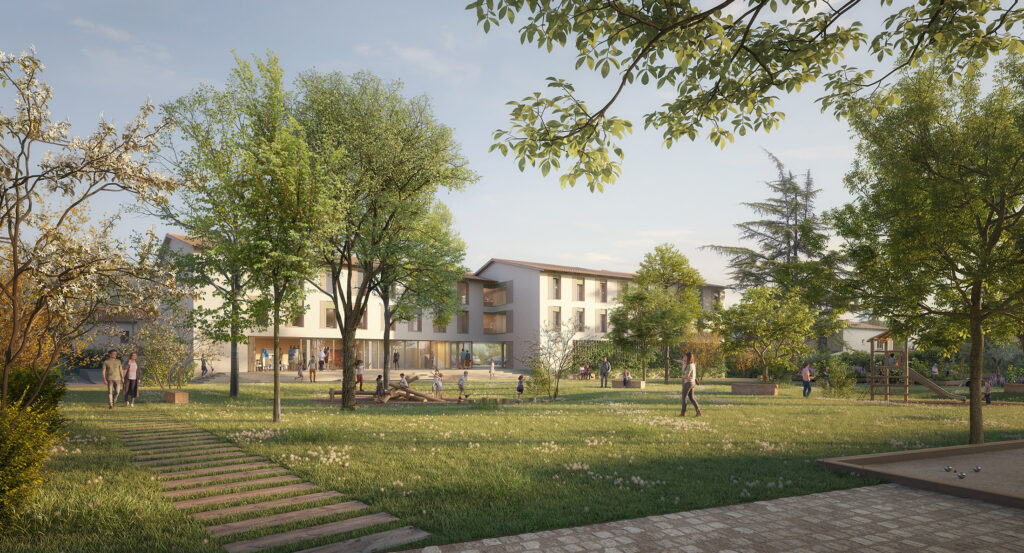 Vue extérieure du pôle santé-social et du parc Mistral à Oraison, projet lauréat conçu par Huit et demi Architectes, montrant l'équipement de proximité organisé en deux ailes autour de patios baignés de lumière et sa salle polyvalente ouverte sur le jardin.