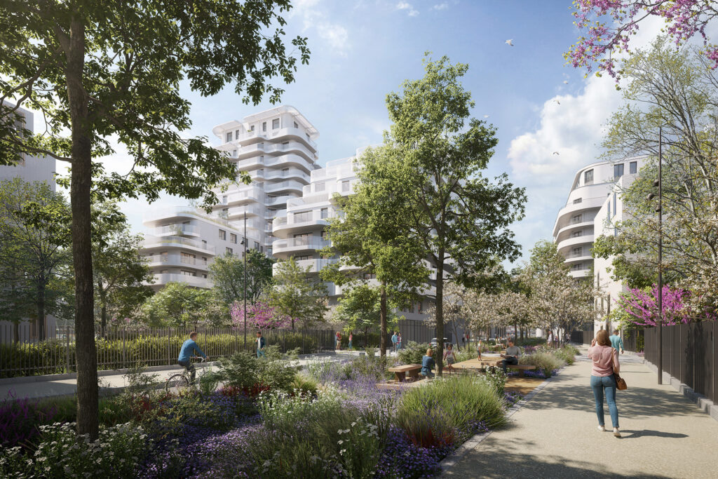 Perspective 3D du projet d'aménagement de la ZAC Lallier à L’Haÿ-les-Roses, porté par le promoteur Eiffage et conçu par l'agence SLG Paysage, montrant la densité végétale de la rue Nivernais animée par ses habitants en lien avec les jardins en cœurs d'îlots.