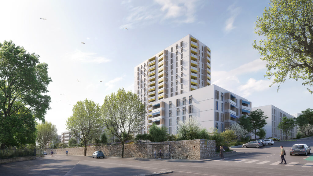 Insertion 3D pour le concours de réhabilitation de la Cité Val Plan à Marseille, projet lauréat de Huit et demi Architectes, montrant la Tour A, ses façades en enduit blanc rythmées de stores colorés, de loggias, de claustras et de brise-soleil en bois depuis le boulevard.
