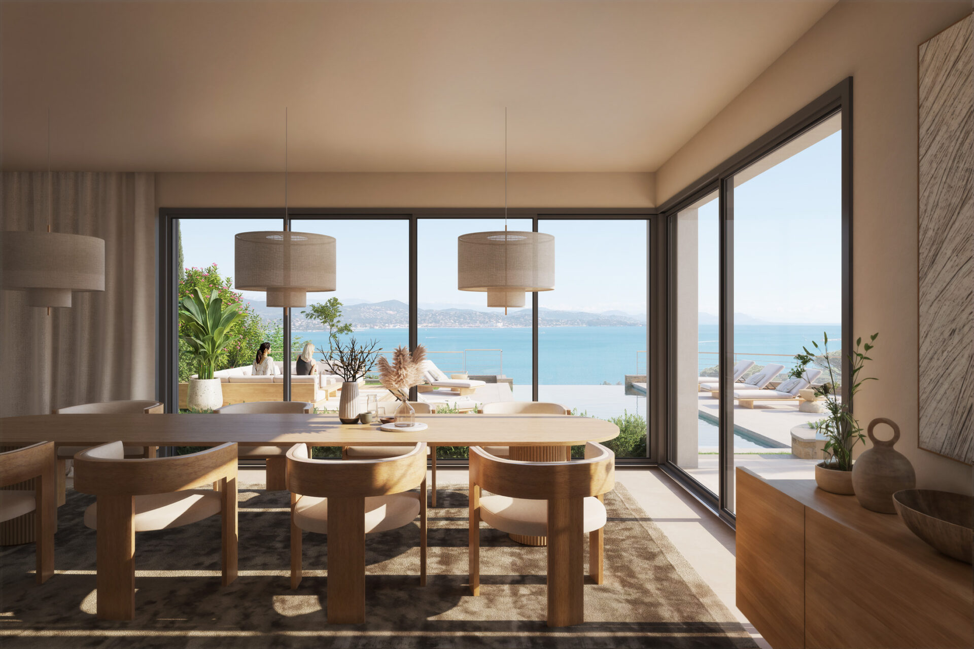 Rendu 3D intérieur d'une villa de luxe à Gassin pour Sinopolis Sea par Frédéric Michelangeli et décorée par Caroline Augier, montrant la salle à manger ouverte sur la terrasse, la piscine à débordement et la mer.